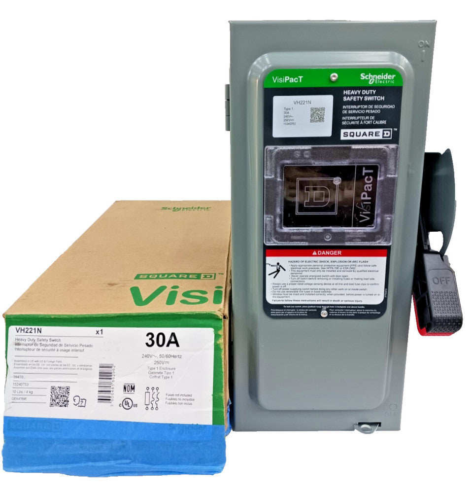 NEW SQUARE D 30 AMP FUSIBLE SAFETY SWITCH DISCONNECT 2P 240 VAC/ 250 VDC VH221N