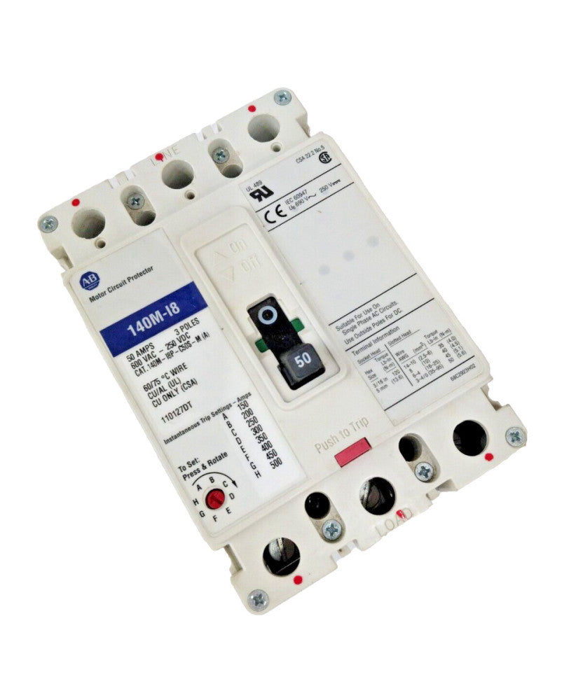 ALLEN BRADLEY 50 AMP MOTOR CIRCUIT PROTECTOR 3 POLE 600 VAC  140M-I8P-C50S-M