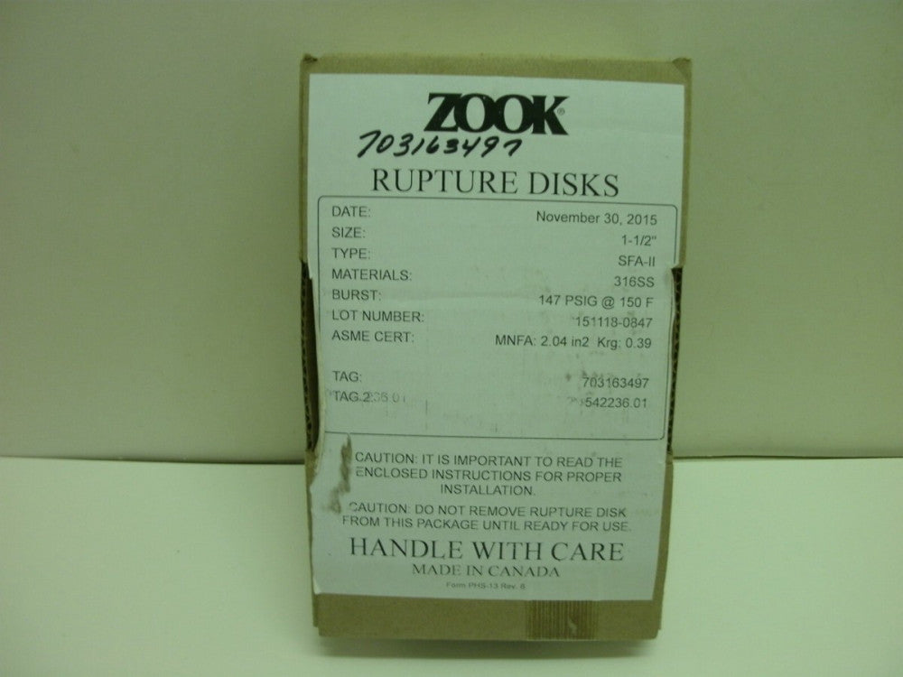 ZOOK SFA-II 1-1/2" RUPTURE DISKS 316SS BURST 147 PSIG @ 150 F NEW IN BOX