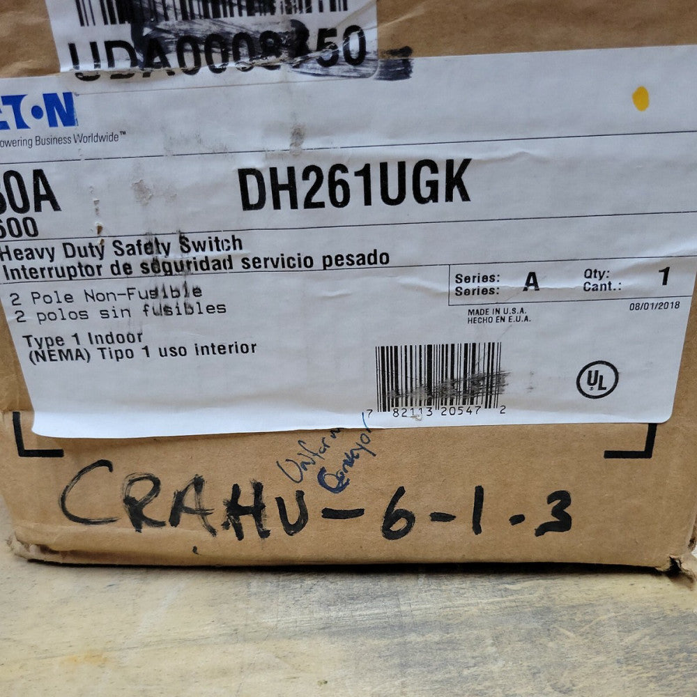 NEW Eaton DH261UGK Heavy Duty Safety Switch 30A 600V 2 Pole Type 1 Indoor 