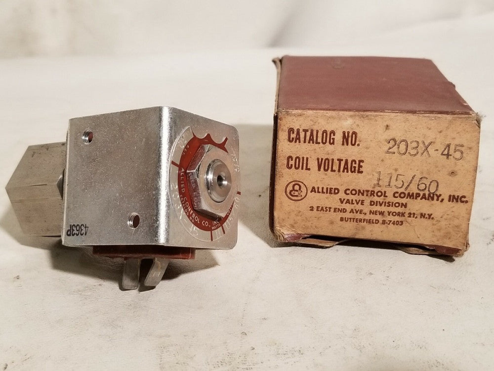 Allied Control solenoid valve 203X-45, 115VAC, 60Hz, 60PSI, orifice 3/32, 11W