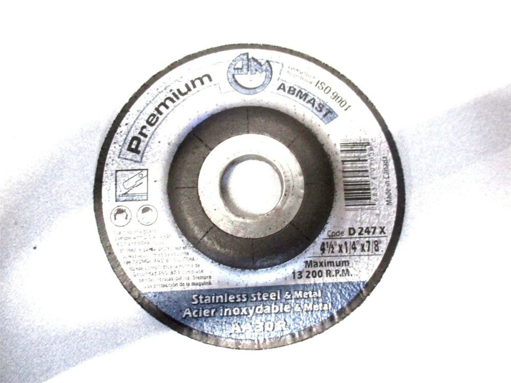 Abmast (D247X) 4-1/2 x 1/4 x 7/8 30 Grit Aluminum Oxide Grinding Wheel - 10 QTY