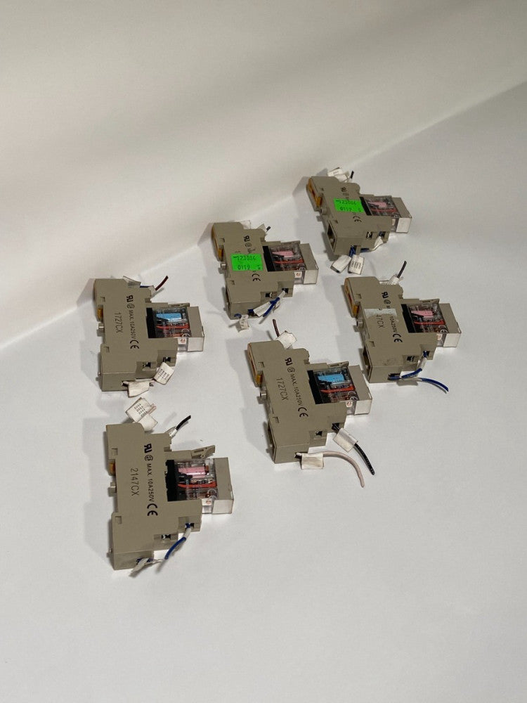 Lot of 6 Omron G2R-1-S (S) 120VAC SPDT power relays on DIN sockets, 10A 250VAC