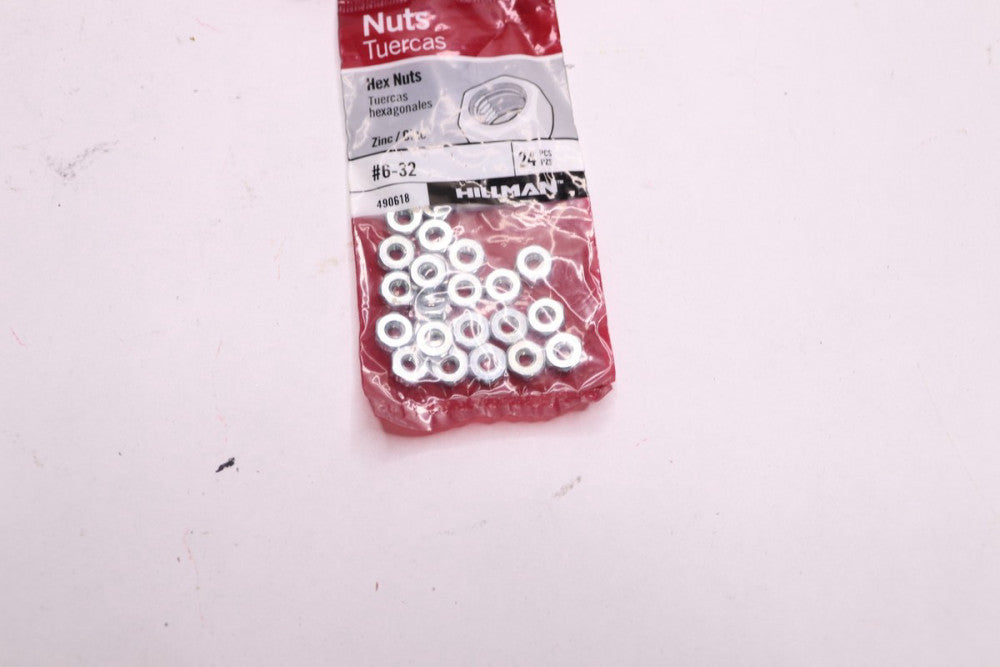 (24-Pk) Hillman Zinc Plated Standard Hex Nuts SAE #6-32 490618