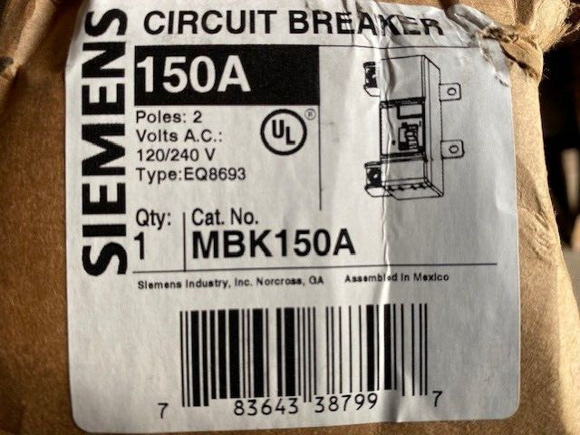 Siemens MBK150A Circuit Breaker 150A 2 Poles 120/240V EQ8693 (NEW)