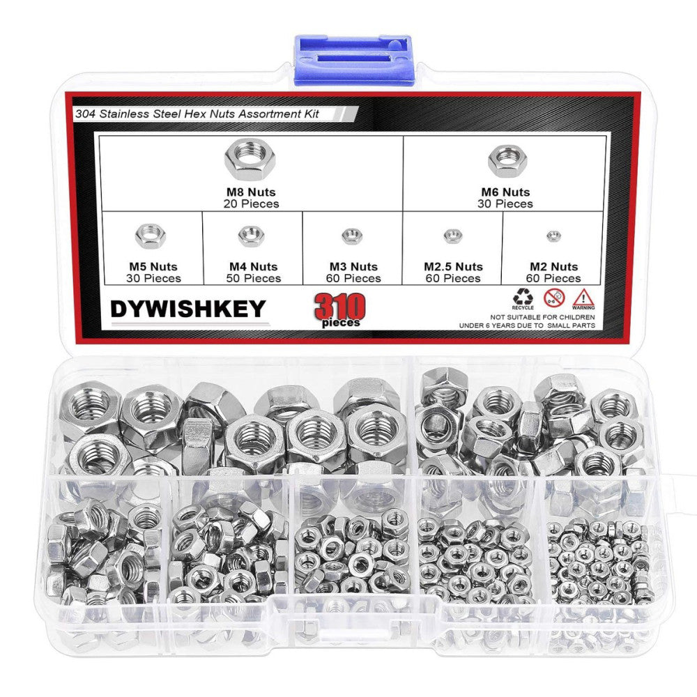 310 Pieces Metric 304 Stainless Steel Hex Nuts Assortment Kit for Screw Bolt NEW