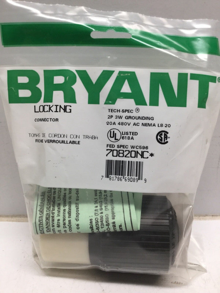 BRYANT 70820NC Locking Connector 20A 480V 2P 3W NEMA L8-20