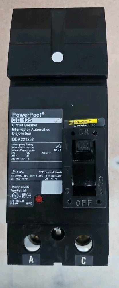 New Takeout Square D QDA221252 2 pole 125 amp 25kA@240v I line Breaker