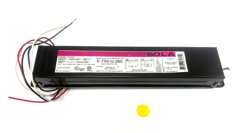 SOLA INSTANT START ELECTRONIC BALLAST E-750-U-260