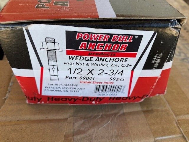 1/2"X 2-3/4"  Concrete Wedge Anchor,Zc. Plated Expansion Anchors - 50 PACK