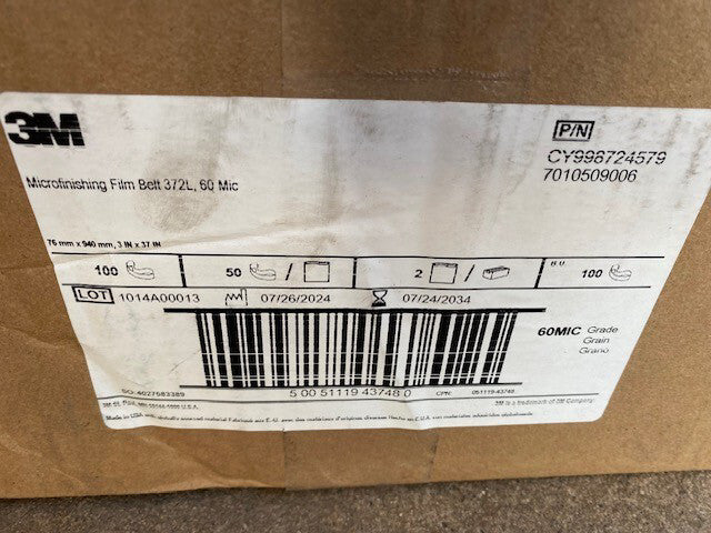 (100 PACK) 3M™ Microfinishing Film Belt 372L, 60 Mic, Black, 3 in X 37 in