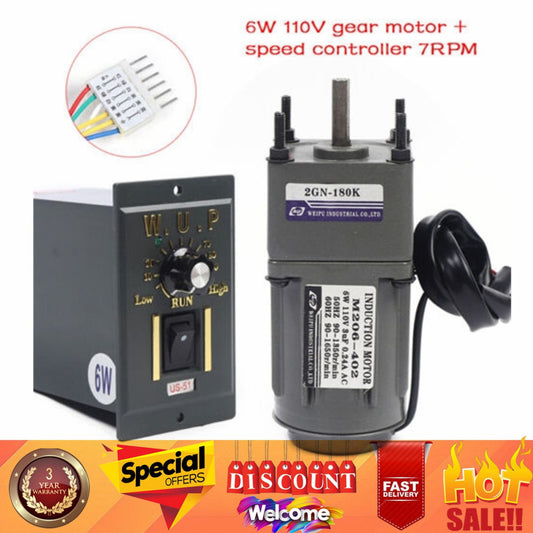 110V AC 6W 7.5RPM Speed Controller Electric Gear Motor with Gearbox High Torque