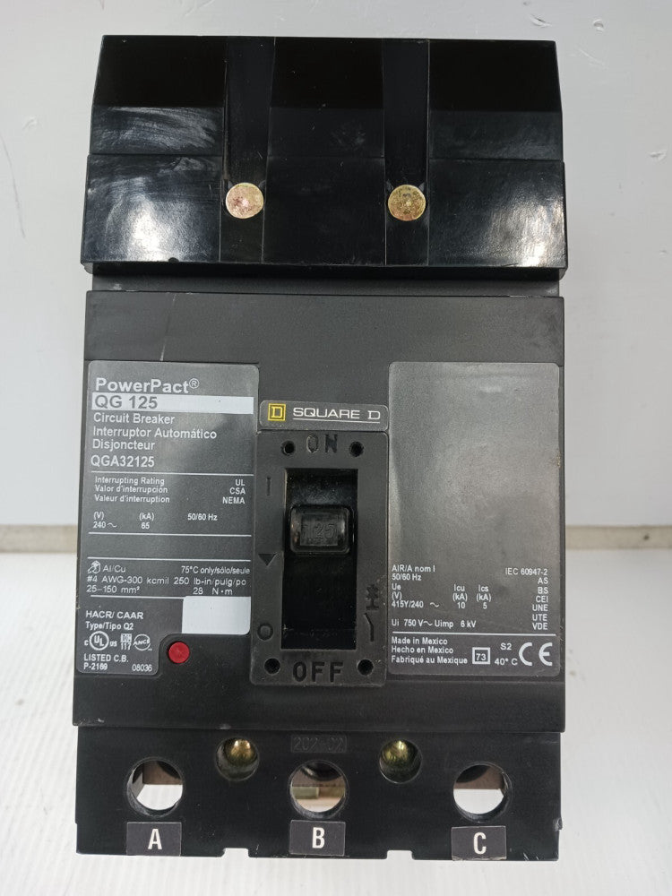 SQUARE D POWERPACT 125 AMP I-LINE CIRCUIT BREAKER 3 POLE 240 VAC 65kA QGA32125