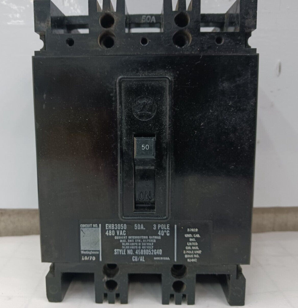 WESTINGHOUSE 50 AMP CIRCUIT BREAKER  3 POLE 480 VAC EHB3050 (FLAW)
