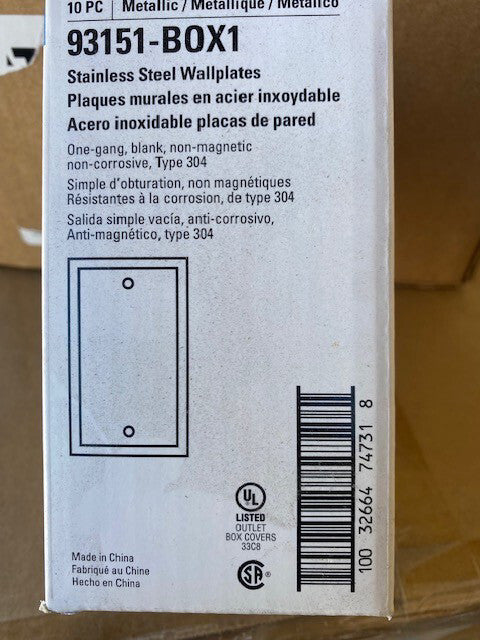 (10 PACK) Cooper Wiring 93151-BOX Stainless Steel Wallplate 1-Gang Blank Plate
