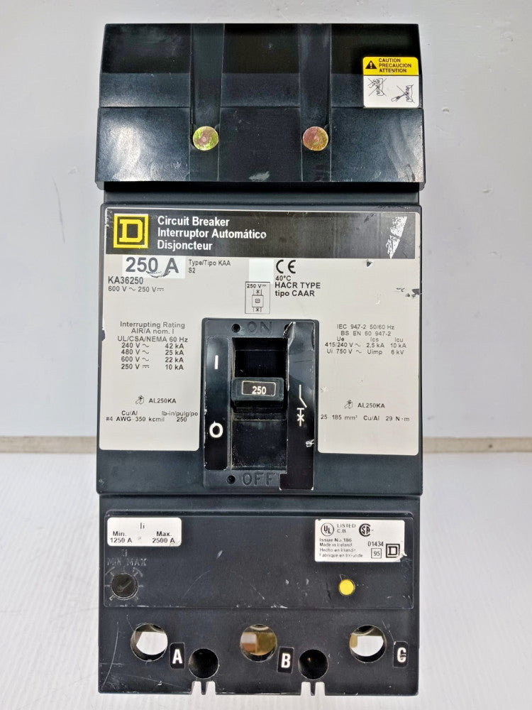 Square D 250 Amp I-Line Circuit Breaker 3 Pole 600 VAC / 250 VDC 25kA KA36250