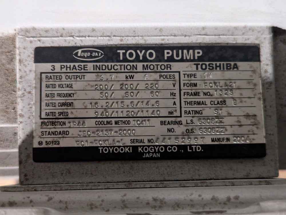 Toyo Toshiba IK FCKLA21 132S Induction Motor: 3.7KW 6 Pole 3PH 200/220V 940RPM