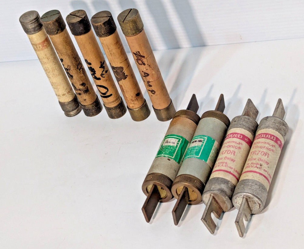 Lot of 9: Asstd Fuses, Bussmann REN-100 Super-Lag, Gould-Shawmut TR70R Tri-onic