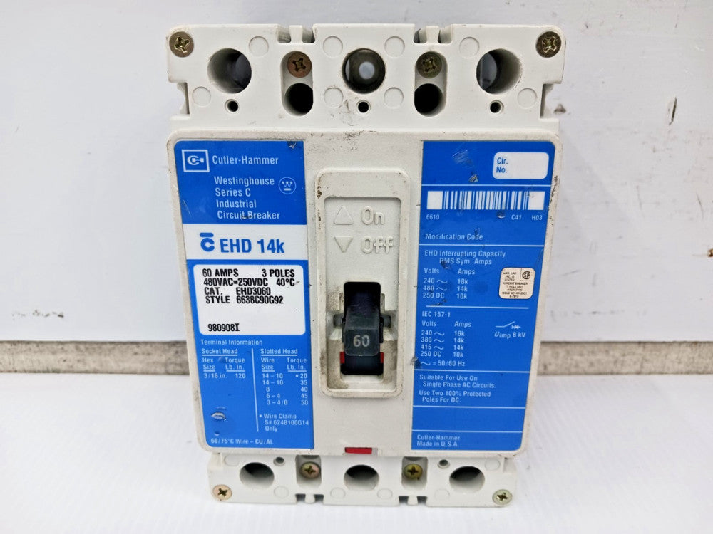 Cutler Hammer 60 Amp Circuit Breaker 3 Pole 480 VAC / 250 VDC 14kA EHD3060