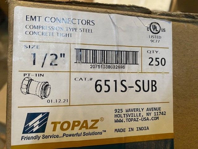 (CASE OF 250) TOPAZ EMT CONNECTORS COMPRESSION TYPE 1/2" 651S STEEL-ZINC PLATED