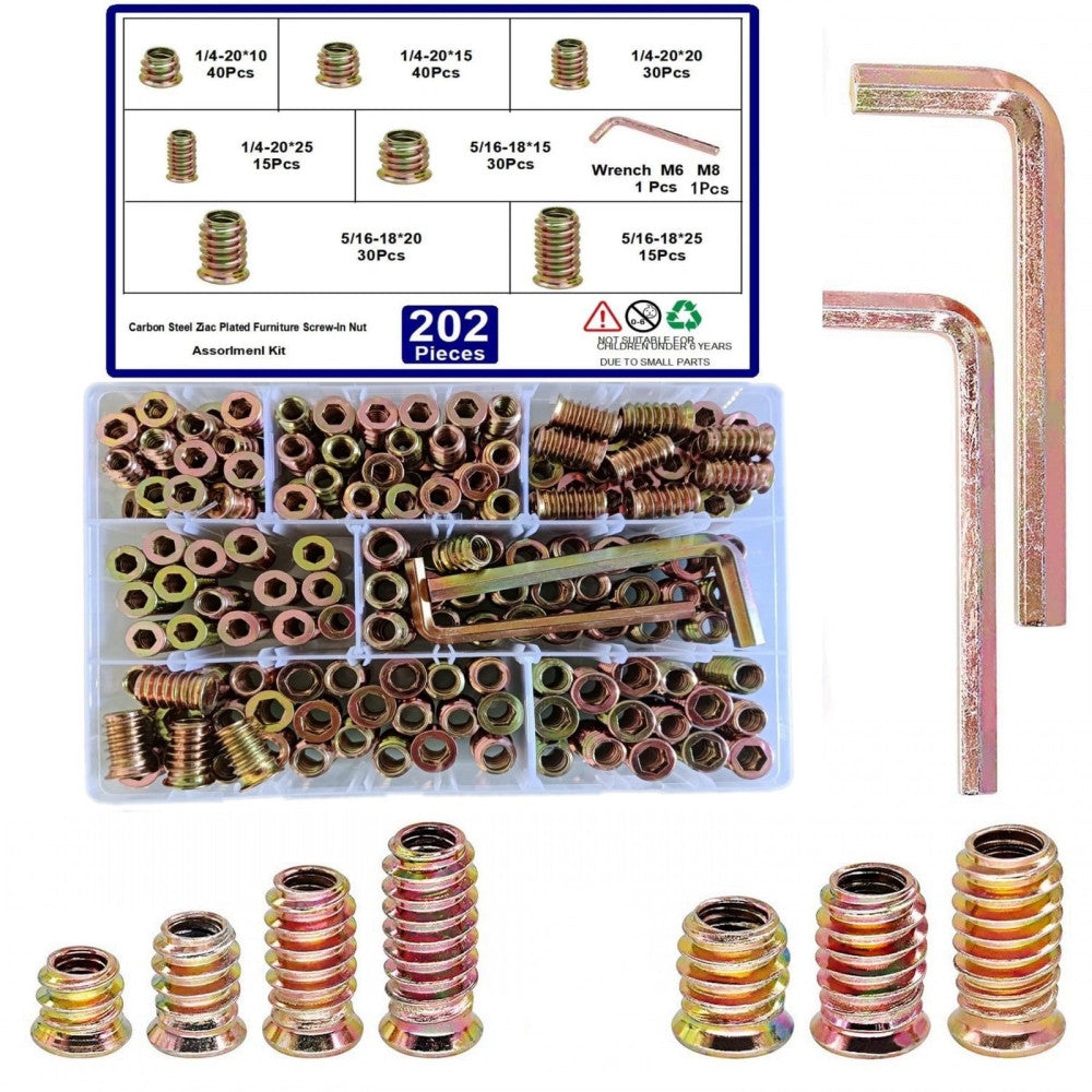 200pcs Threaded Inserts for Wood, 1/4"-20 5/16"-18 Screw in Nut Assortment Ki...