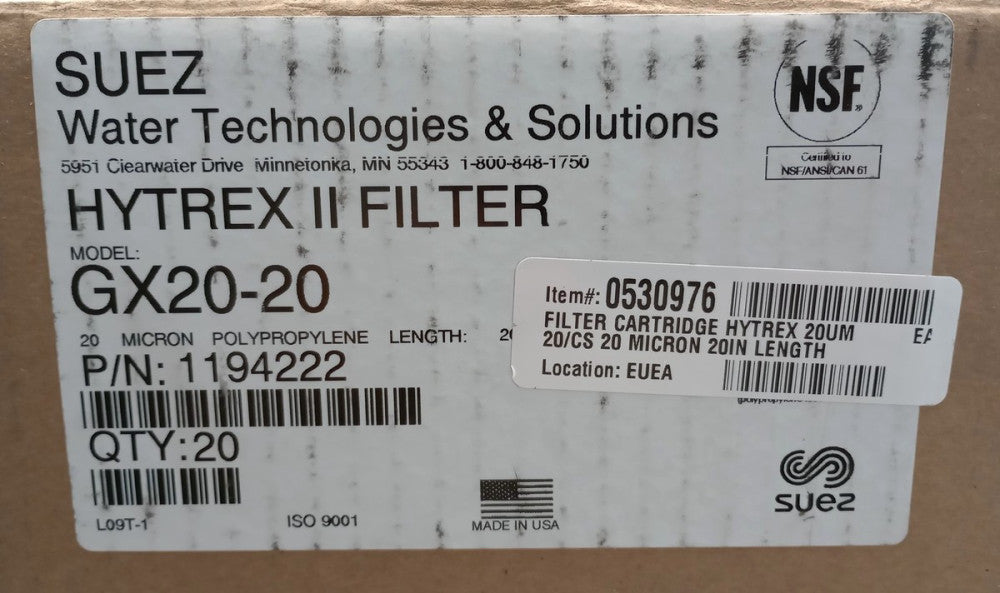 SUEZ 1194222 Hytrex II 20 Micron Filter Cartridge 20" GX20-20 (Box Of 20)