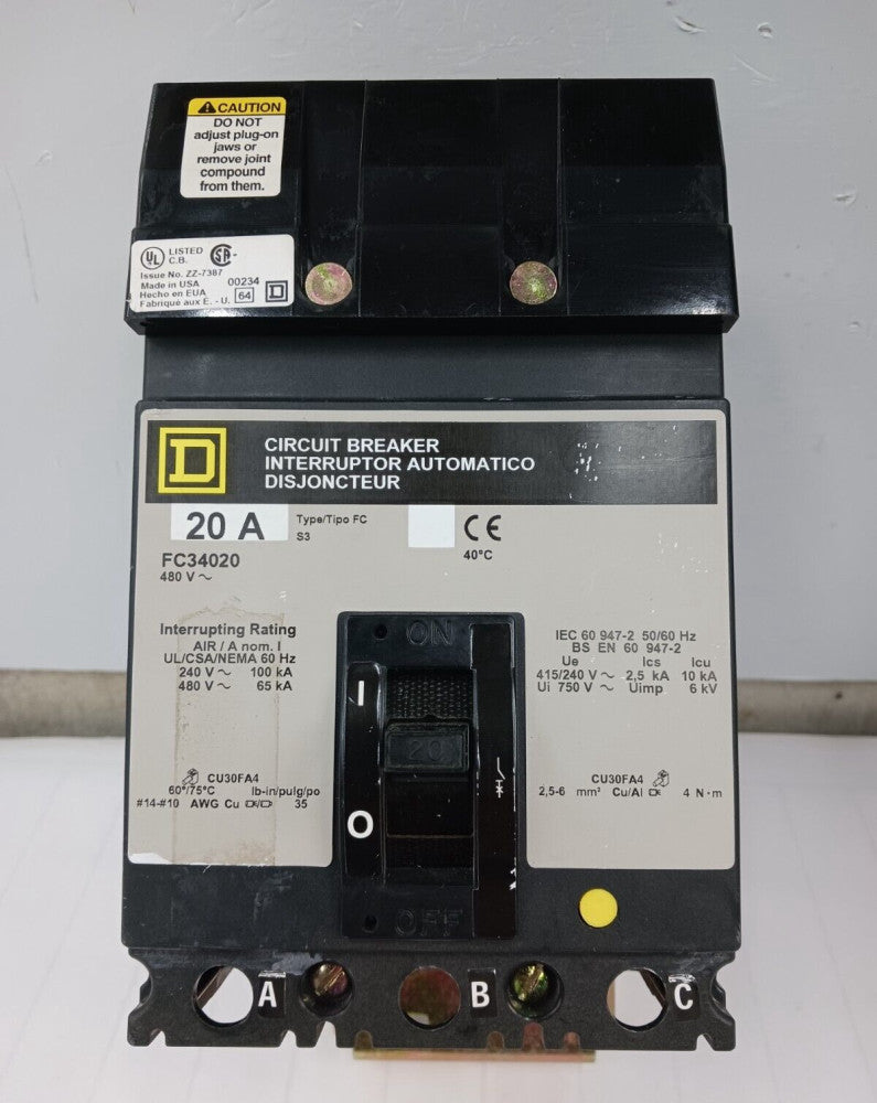SQUARE D 20 AMP CIRCUIT BREAKER 3 POLE 480 VAC FC34020 #1