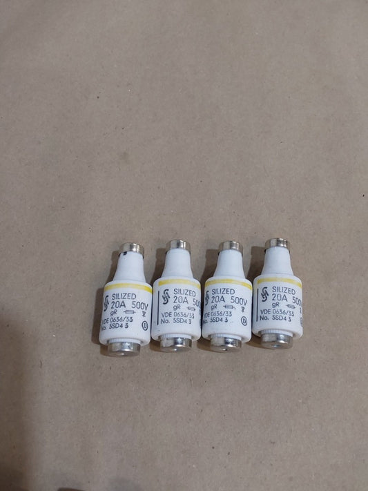 4 Unused Siemens Silized 20A, 500V Ceramic Bottle Fuses,  # 5SD4-3, 5SD43