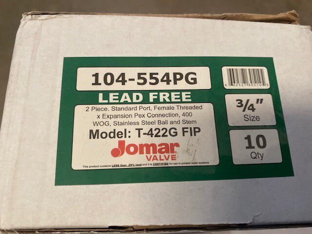 (10 Pack) Jomar 104-554PG, T-422G Lead Free, Ball Valve, 3/4" Standard Port