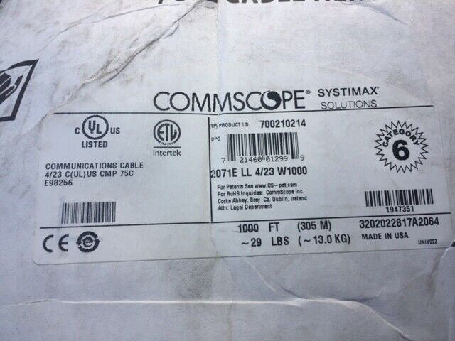 1000' COMMSCOPE 700210214 23 AWG 4P Solid BC Violet CMP Box UTP XL Cat 6 Cable