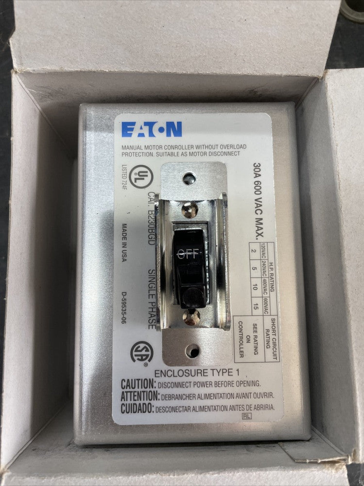 1) New in Box! Eaton B230BGD Manual Motor Switch Enclosed 2P 30A 600V 1Ph NEMA 1