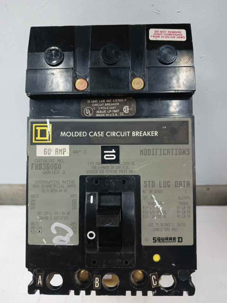 SQUARE D 60 AMP MOLDED CASE CIRCUIT BREAEKR 3 POLE 600 VAC FHB36060