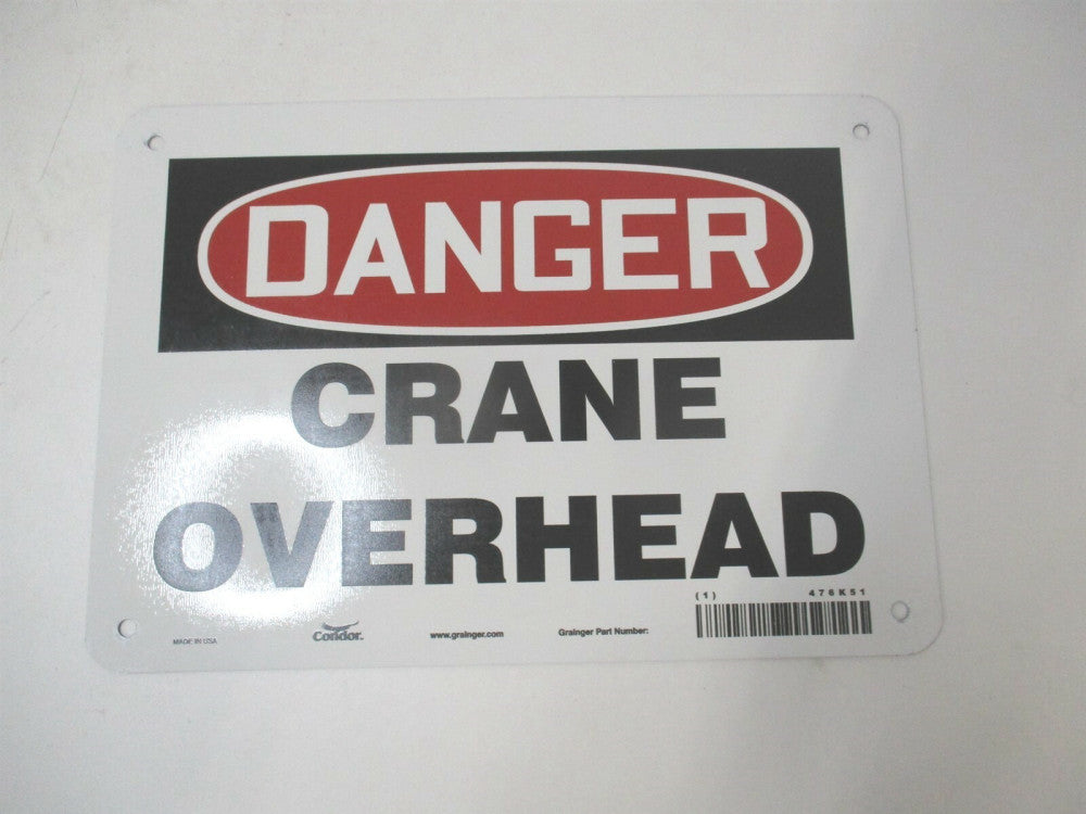 (476K51) 7" x 10" Danger Crane/Hoist Overhead Aluminum White Safety Sign