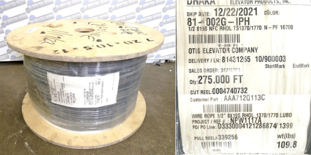 275ft - DRAKA ELEVATOR WIRE ROPE - 81-002G-IPH - 1/2" 8X19S RHOL 1370/1770 LUBD