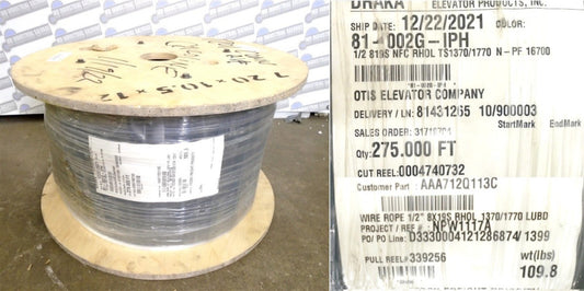 275ft - DRAKA ELEVATOR WIRE ROPE - 81-002G-IPH - 1/2" 8X19S RHOL 1370/1770 LUBD