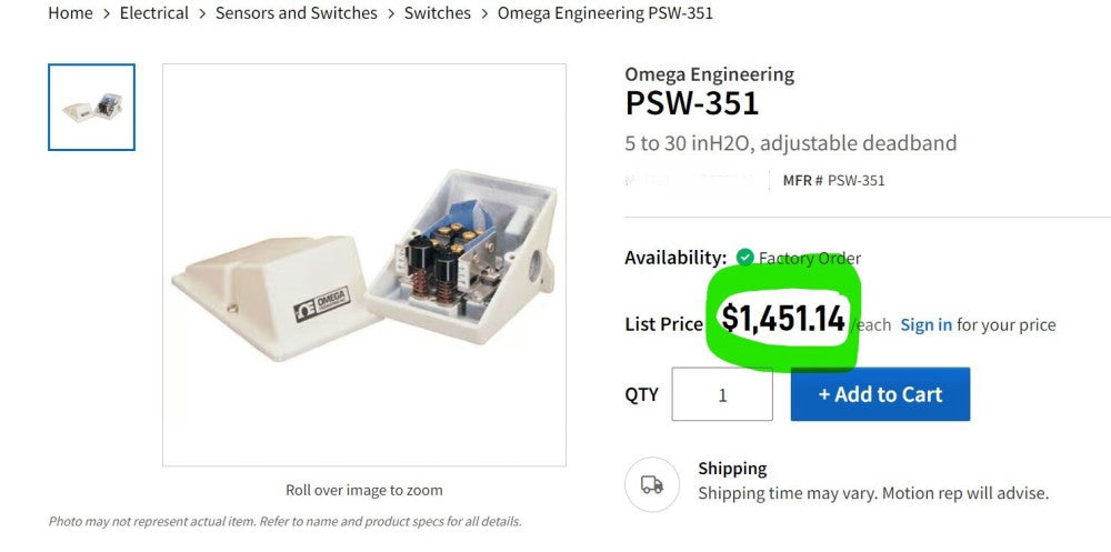 Omega Engineering PSW-351 5 to 30 inH2O, Adjustable Deadband [B3S2]
