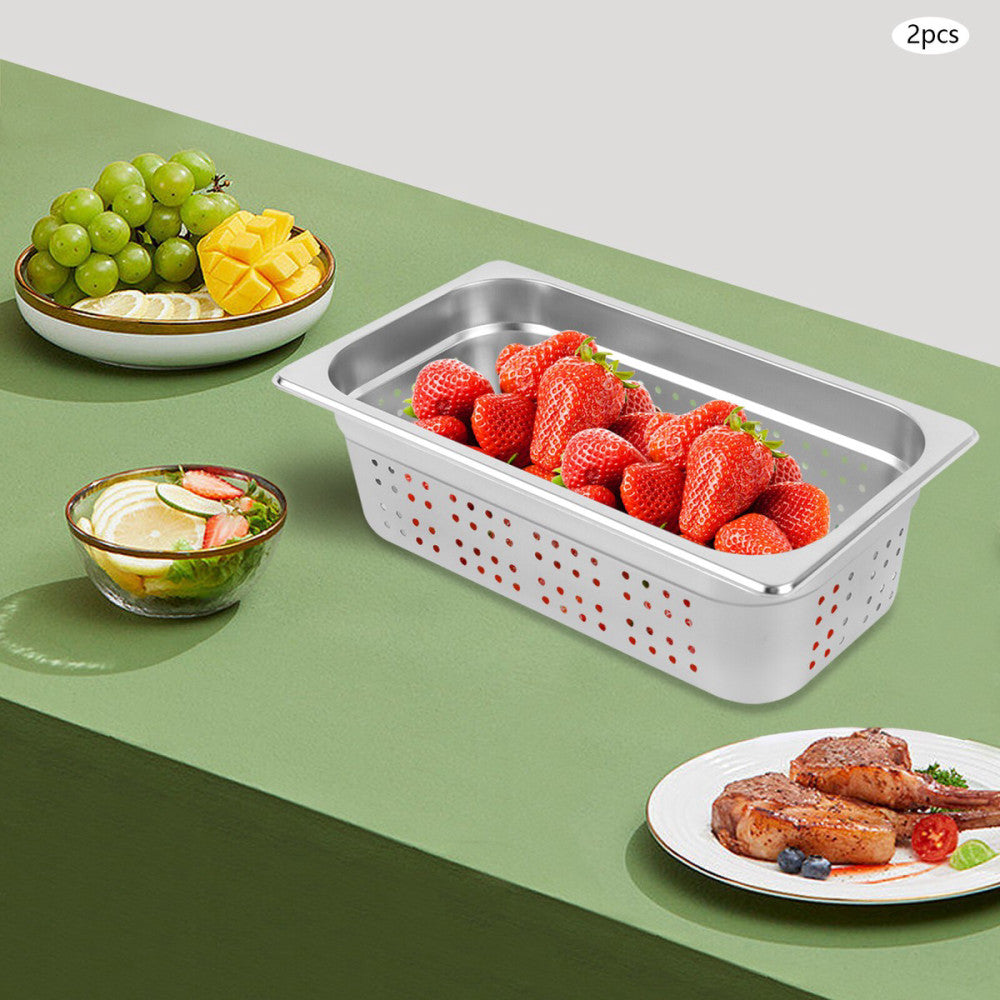 2Pcs 1/3 Size Perforated Steam Table Food Pan 4" Deep Hotel Pan Stainless Steel