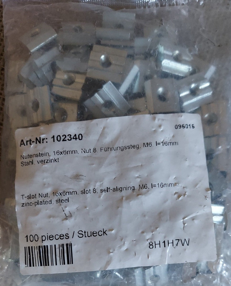 Lot of 99 - T-slot Nut, 16mm x 6mm Slot 8, Self-Aligning, M6, Zinc-Plated Steel