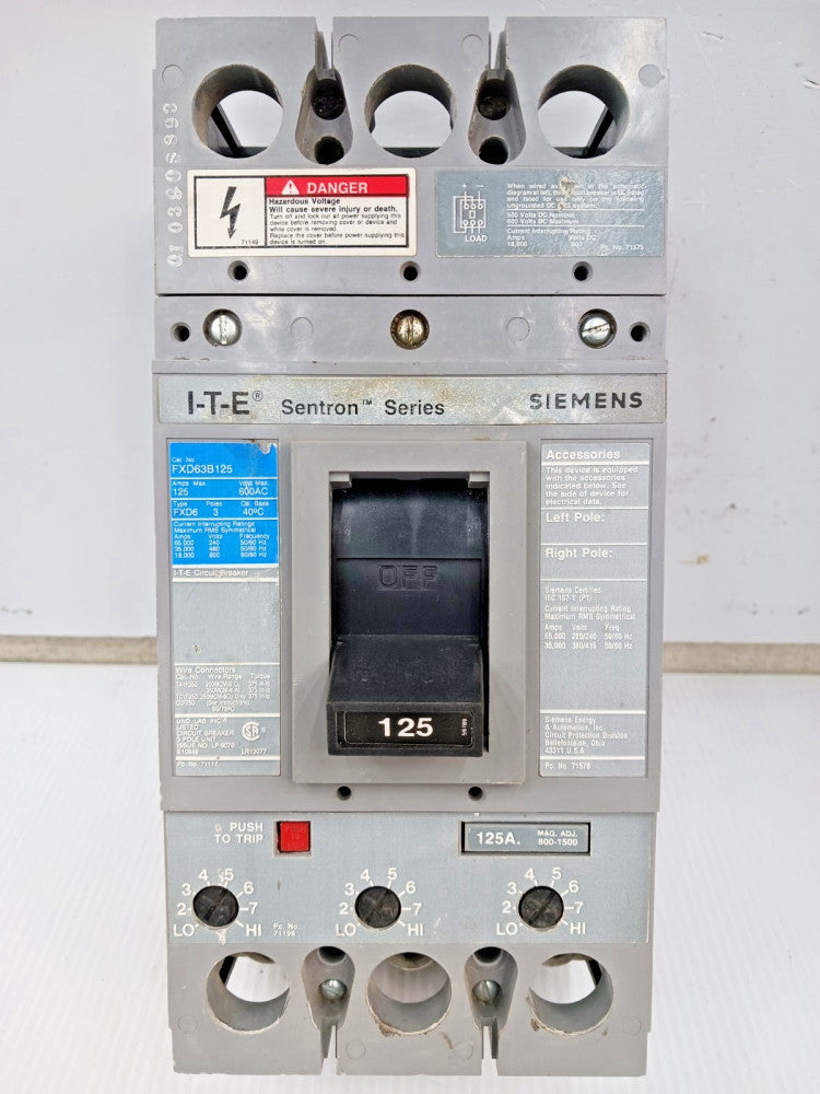 Siemens ITE Sentron 125 Amp Circuit Breaker 3 Pole 600 VAC 35kA FXD63B125