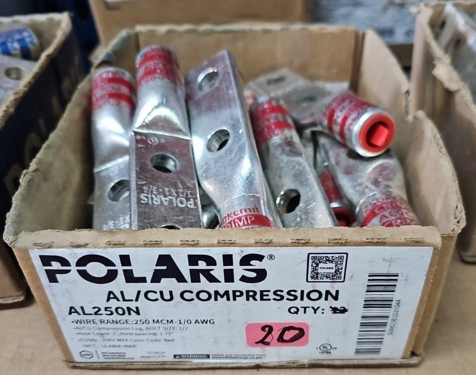 POLARIS  AL250-N AL250N ALUMINUM COMPRESSION LUG 1/2" STUD 2-HOLE NEW  LOT OF 20