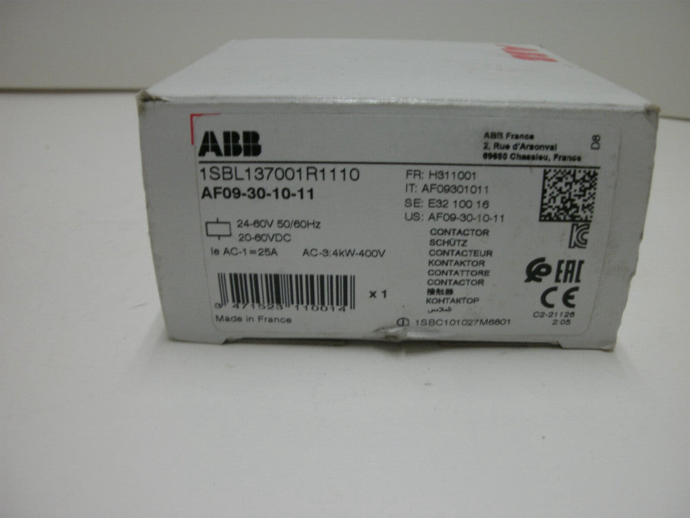 ABB AF09-30-10-11 CONTACTOR 25 AMP 20/60 VDC 1 NO 50/60Hz DIN RAIL MT NEW IN BOX