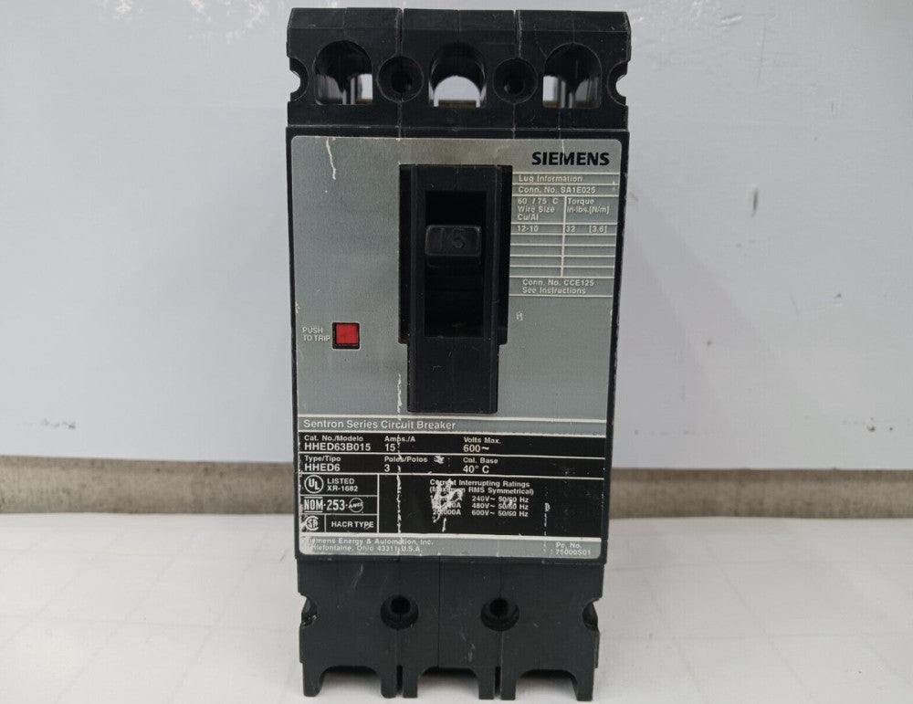 SIEMENS 15 AMP CIRCUIT BREAKER 3 POLE 600 VAC HHED63B015