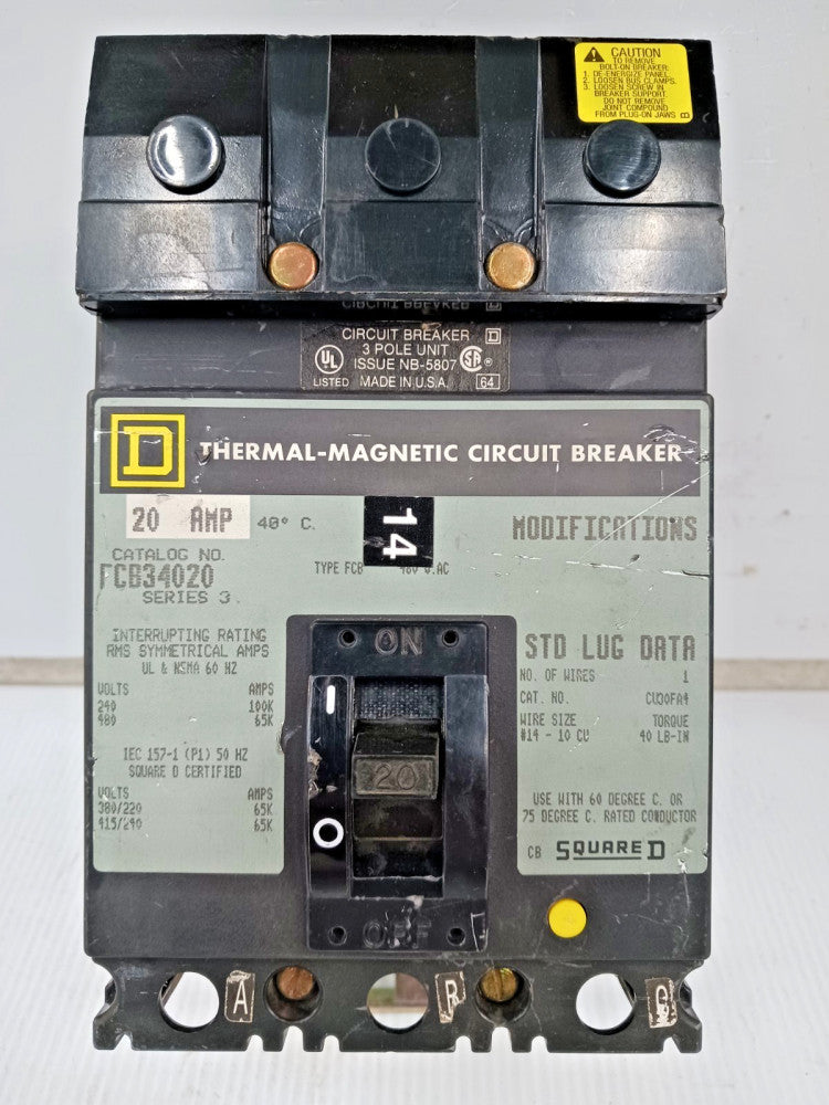 Square D 20 Amp I-Line Thermal-Magnetic Circuit Breaker 3 Pole 480 VAC FCB34020