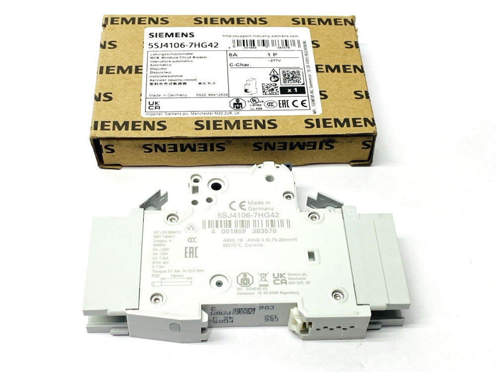 Siemens 5SJ4106-7HG42 Miniature Circuit Breaker 1-Pole 6A 277VAC/480Y 60VDC