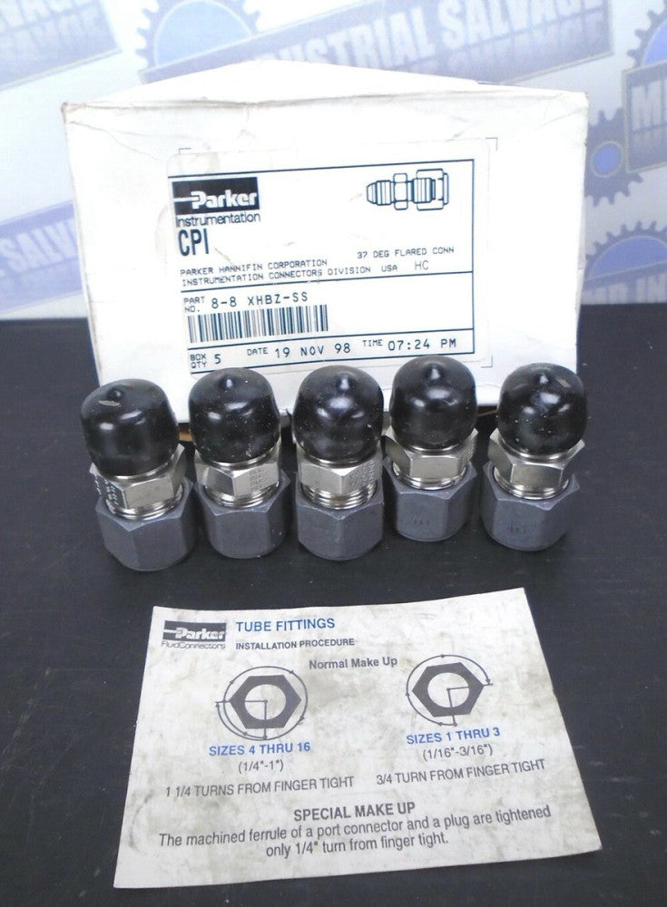 (Box of 5)- PARKER - 8-8 XHBZ-SS 1/2" 37° STAINLESS Flared Adapter (NEW in BOX)