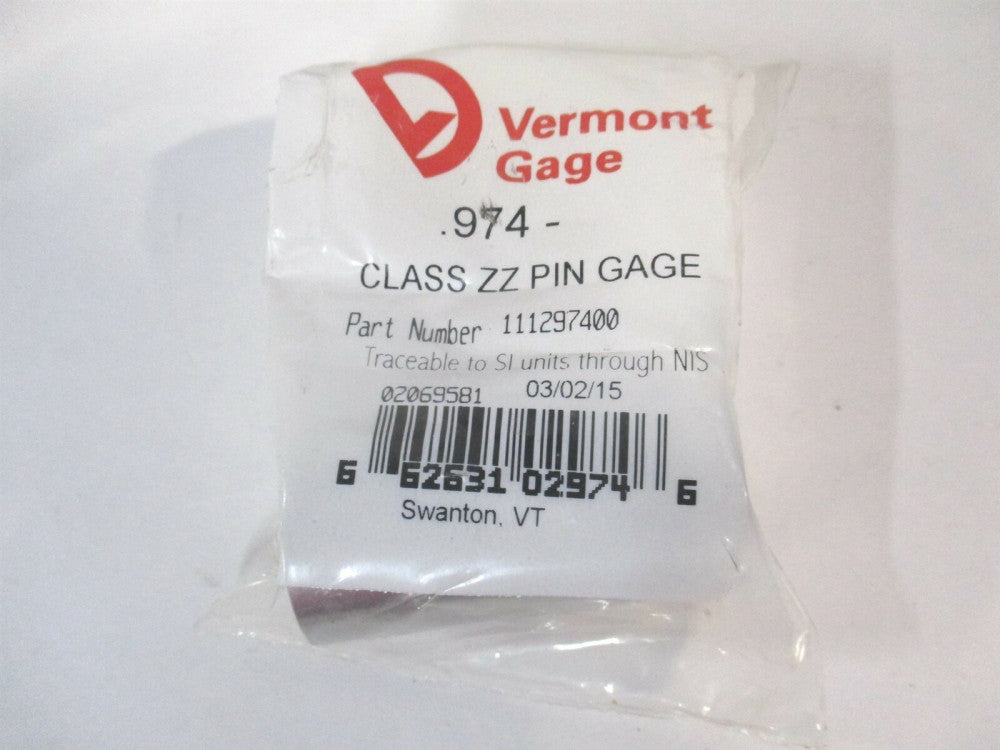 Vermont Gage (111297400) 0.974" Diam Class ZZ Minus Plug & Pin Gage 
