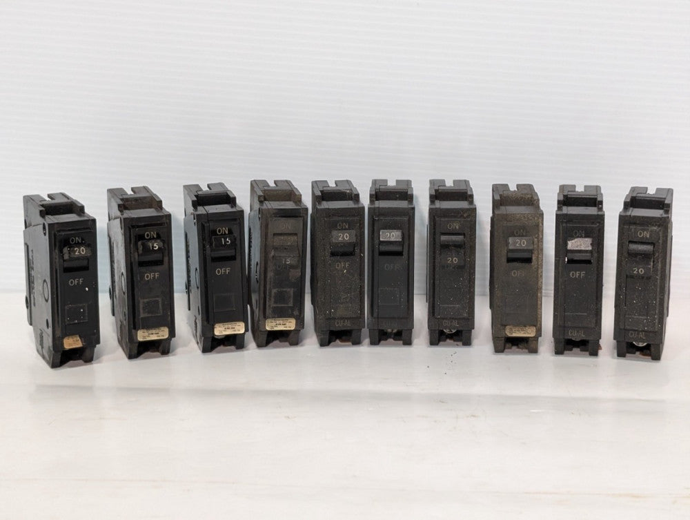 Lot of 10: GE, Assorted Electrical Circuit Breakers 15A/20A Single Pole, CU-AL