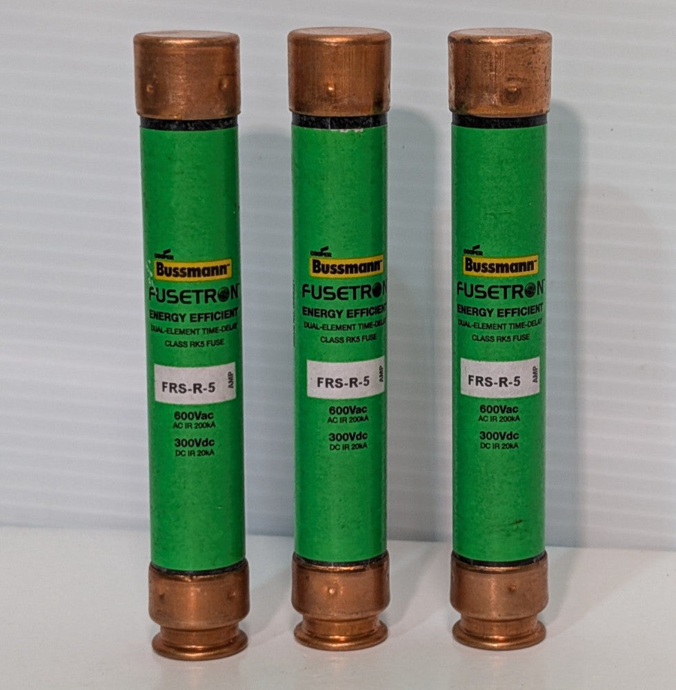 Lot of 3: Bussmann Fusetron FRS-R-5 Energy Efficient Fuses, Time-Delay, 600V, 5A