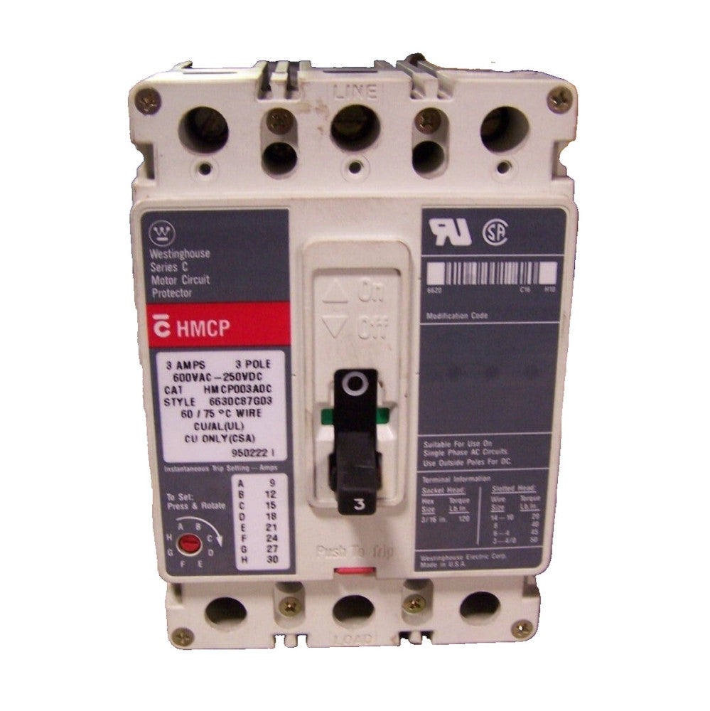 WESTINGHOUSE 3 AMP CIRCUIT BREAKER 600 VAC / 250 VDC 3 POLE  HMCP003ADC