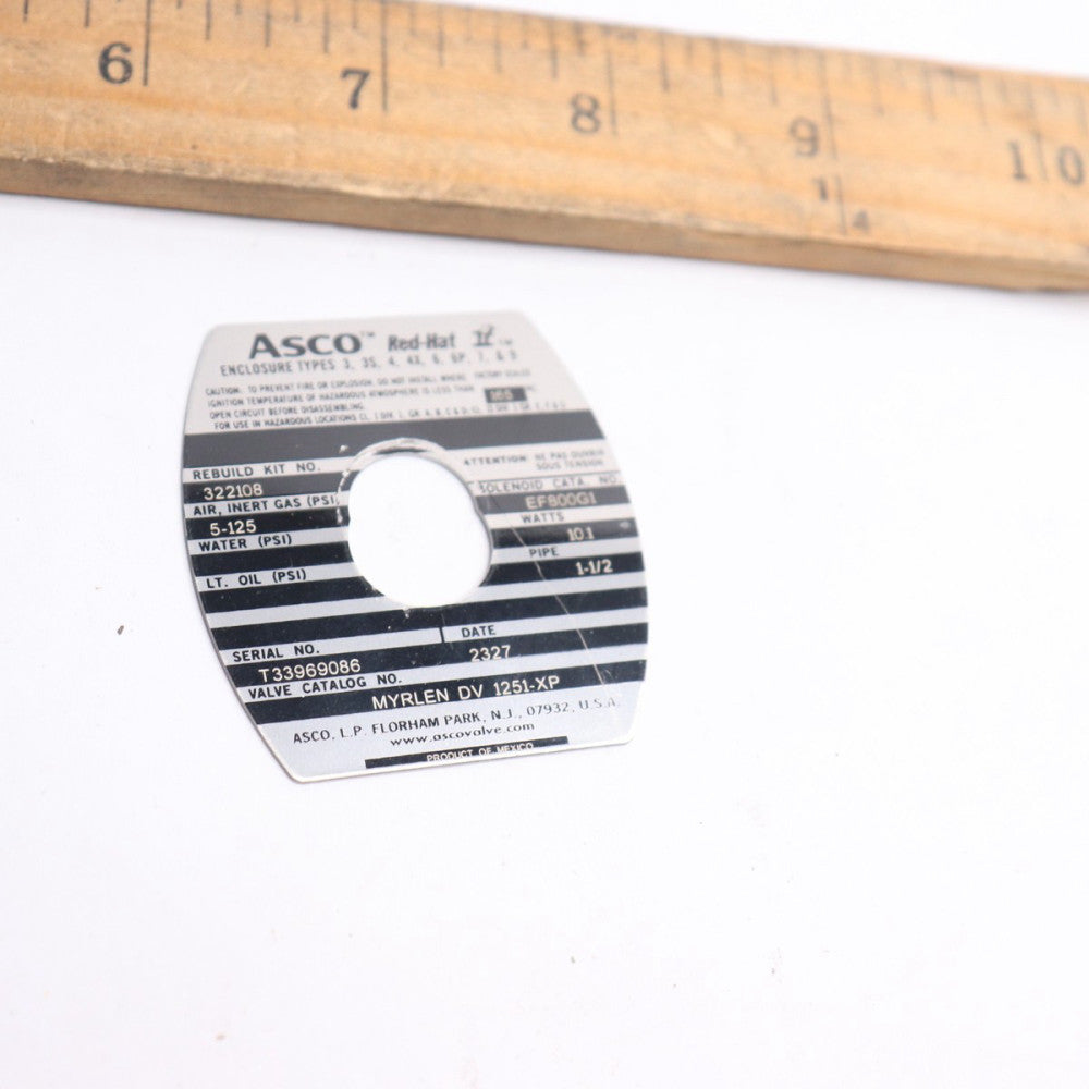 Asco Pull-Type Solenoid Air and Water Valve 2W EF800G1 - Plate Only